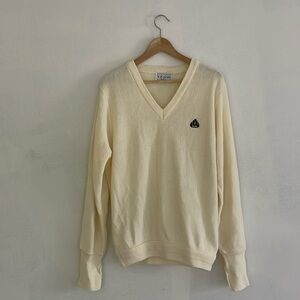 Izod Sweater Mens Golf Vtg Crest Logo USA cream Lightweight Long Sleeve medium